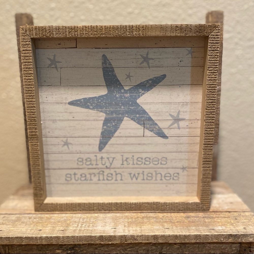Salty Kisses Starfish Wishes Decor Wall Sign, Wood Starfish Sign, Beach Decor